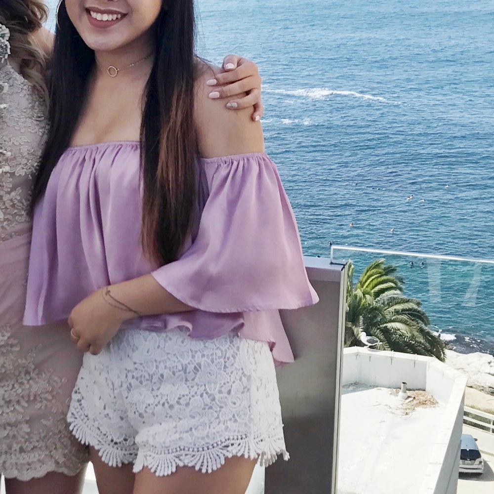 Forever 21 lavender off shoulder silk crop top